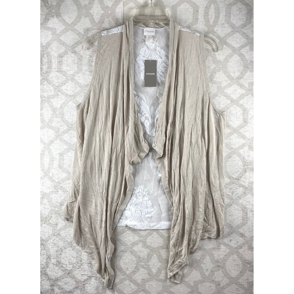 Chico's Dayna Vest Womens 0 Small Beige Lace Back Draped Open Front Knit New